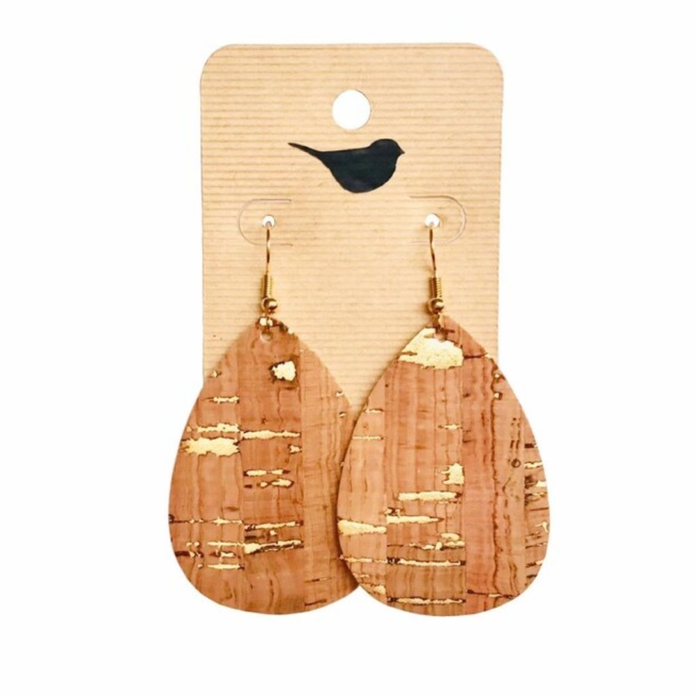 Gold flecked cork faux leather teardrop earrings
